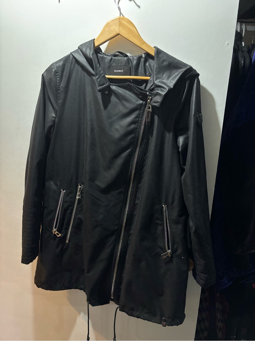 RUDSAK Black Hooded Asymmetrical Zip Trench Coat